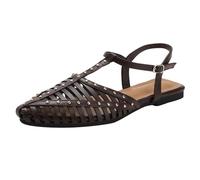 Maskjuwio Sandalias planas para mujer, con tiras y puntera cerrada, sandalias de punta puntiaguda, sandalias romanas con barra en T, zapatos tejidos ligeros, zapatos retro elegantes, zapatos de