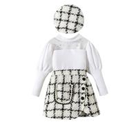 Maskjuwio - Trajes para niñas, con mangas de burbujas, parte superior de purpurina fina con recortes y falda irregular con patrón de cuadros, trajes para niñas con sombrero de penaten set recién