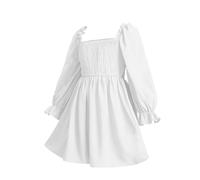 Maskjuwio Vestido de niña con cuello cuadrado y mangas, fruncido, vestido de swing grande, cintura alta, encaje, falda corta vestido colorido para niñas, Blanco, 4-5 años
