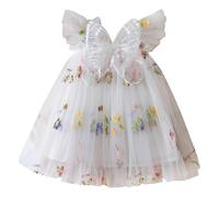 Maskjuwio Vestidos de bebé para niñas y bebés, ropa de bebé, vestido de alas de mariposa, vestido de encaje, vestido de manga corta, cadena para pantalones E, Blanco, 4-5 años