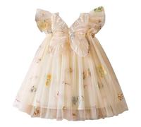 Maskjuwio Vestidos de bebé para niñas y bebés, ropa de bebé, vestido de alas de mariposa, vestido de encaje, vestido de manga corta, cadena para pantalones E, beige, 1-2 años