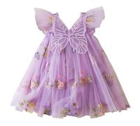 Maskjuwio Vestidos de bebé para niñas y bebés, ropa de bebé, vestido de alas de mariposa, vestido de encaje, vestido de manga corta, cadena para pantalones E, morado, 1-2 años