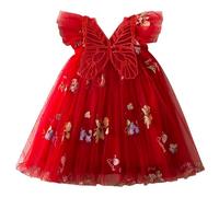 Maskjuwio Vestidos de bebé para niñas y bebés, ropa de bebé, vestido de alas de mariposa, vestido de encaje, vestido de manga corta, cadena para pantalones E, rojo, 1-2 años