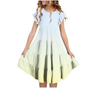 Maskjuwio Vestidos de verano para niña, manga de doble capa, acampanado, casual, degradado, vestidos midi para 615 años, falda de tul con purpurina, azul claro, 14-15