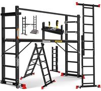 MASKO® Andamio, Andamio ✓ Aluminio ✓ Escalera ✓ Plataforma de Trabajo, Capacidad de Carga hasta 150 KG, Revestimiento Antideslizante, Escalera de andamio, Comprobado GS (EN 131), Negro