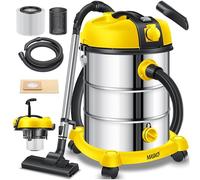 MASKO® Aspiradora industrial en seco y húmedo, de acero inoxidable, 2300 W, con enchufe, función de soplado, Push&Clean, con y sin bolsa, sin bolsa, amarilla