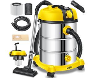 MASKO® Aspiradora industrial en seco y húmedo, de acero inoxidable, 2300 W, con enchufe, función de soplado, Push&Clean, con y sin bolsa, sin bolsa, amarilla