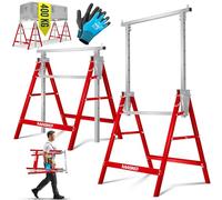 MASKO® Caballete de Trabajo Telescópico, Capacidad de Carga máx. 200 kg, Caballete de Andamio, Regulable en Altura - Altura de Trabajo 800-1300 mm, Incl. Guantes, Juego de 8 - Plata/Rojo
