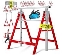 MASKO® Caballete de trabajo Telescópico, Capacidad de Carga máx. 200 kg, Caballete de Andamio, Regulable en Altura - Altura de trabajo 800-1300 mm, incl. Guantes, Juego de 2 - Plata/Rojo