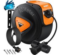 MASKO® Cable alargador automático de 10 m con conexión de 3 vías, giratorio 180°, cable de alimentación de 1,5 m, soporte de pared, enrollador de cables, enrollador de cables, incluye guantes