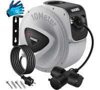 MASKO® Cable alargador automático de 10 m con conexión de 3 vías, giratorio 180°, cable de alimentación de 1,5 m, soporte de pared, enrollador de cables, enrollador de cables, incluye guantes