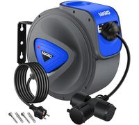 MASKO® Cable alargador automático de 15 m con conexión de 3 vías, giratorio 180°, cable de alimentación de 1,5 m, soporte de pared, enrollador de cables, enrollador de cables, incluye guantes