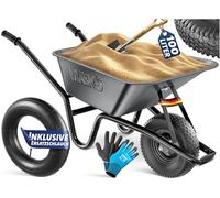 MASKO Carretilla de construcción, carretilla de jardín, 100 litros, 250 kg, neumáticos de aire con llanta de acero + manguera de repuesto para carretilla, marco de acero galvanizado, carretilla de