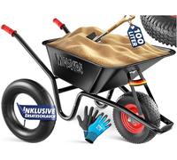 MASKO Carretilla de construcción, carretilla de jardín, 100 litros, 250 kg, neumáticos de aire con llanta de acero + manguera de repuesto para carretilla, marco de acero galvanizado, carretilla de