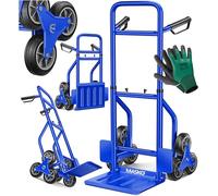 MASKO® Carretilla para escaleras, 200 kg, apilable, plegable, ruedas de goma dura, asas de plástico, marco de acero, ruedas de estrella 3 capas, incluye guantes, color azul