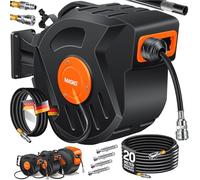 MASKO® Enrollador automático de manguera de aire comprimido de 20 m - Carrete de manguera con conector de 6,35 mm, enrollador de manguera, soporte de pared, asa de transporte, giratorio 180°, freno de