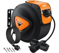 MASKO® Enrollador de cable automático con cable de extensión de 15 m con conector triple 180° giratorio 1,5 m de cable de alimentación Soporte de pared Enrollador de cable automático Bobina de cable