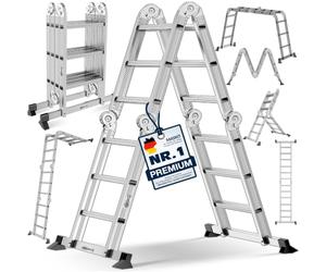 MASKO® Escalera de aluminio, 4 x 3 peldaños, multiusos, 360 cm | 150 kg de carga, 6 en 1 multifuncional con bloqueo, escalera articulada, escalera de aterrizaje, escalera de pie y escalera a