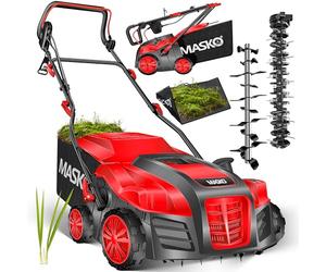 MASKO® Escarificador eléctrico 2 en 1, aireador de césped 1800W, 40 cm de ancho de trabajo, cesta de recogida de 55 l, eliminador de musgo, profundidad de trabajo ajustable en 5 etapas, rojo