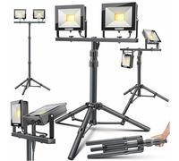 MASKO Foco LED para construcción, 8000 lúmenes, 2 x 50 W, con trípode y mando a distancia, 72 ledes, foco de trabajo giratorio 180°, cable de 5 m, altura regulable, 102 - 202 cm