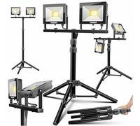 MASKO Foco LED para construcción, 8000 lúmenes, doble 2 x 50 W, con trípode y mando a distancia, 72 ledes, foco de trabajo giratorio 180°, 5 m, cable de 5 m, altura regulable, 102 - 202 cm