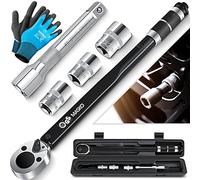 Masko® Llave dinamométrica 6 piezas. Juego 40-210Nm 1/2 ' CV incl. 3 llaves de vaso 17 mm, 19 mm, 21 mm y alargador 125 mm, llave de neumáticos, llave dinamométrica para coches, negro