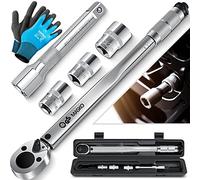 Masko® Llave dinamométrica 6 piezas. Juego 40-210Nm 1/2 ' CV incl. 3 llaves de vaso 17 mm, 19 mm, 21 mm y alargador 125 mm, llave de neumáticos, llave dinamométrica para coches, plata