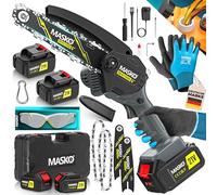 MASKO® Mini Motosierra con batería 8000mAh, 2 Baterías 4000mAh para Tijeras de podar/corte de Madera, Motosierra 800W, Sistema de engrase Automático, incl. Extensión, Negro/Antracita, 6 Pulgadas