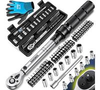 Masko® Set de Llaves Dinamométricas 45 Piezas, Coche/Bicicleta/Moto - 1/4 pulgada / 5-25Nm, llave de Bujía magnética, llaves de Vaso, Alargadera, 100mm +/- 4% Tolerancia, incl. Guantes, Negro