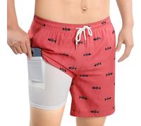 MASOCIO Bañador Hombre con Forro Compresión Bañadores Hombres Gracioso Traje de Baño Largo Deportivo Fato Calzones Calções Banho Homem Secado Rapido Natacion Surf Surfero Boardshorts Rojo L