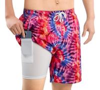 MASOCIO Bañador Hombre con Forro Compresión Bañadores Hombres Gracioso Traje de Baño Largo Deportivo Fato Calzones Calções Banho Homem Secado Rapido Natacion Surf Surfero Boardshorts Tie Dye Rojo XXL
