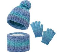 MASOCIO Conjunto Bufanda Gorro y Guantes Niña Invierno Gorros Luvas Criança con Pompon Punto Sombrero 4 5 6 7 8 9 Gorrito Braga Cuello Set Termico 3-10 Años Verde Azul