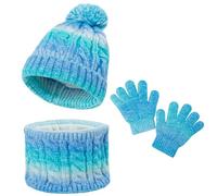 MASOCIO Conjunto Bufanda Gorro y Guantes Niña Invierno Gorros Luvas Criança con Pompon Punto Sombrero 4 5 6 7 8 9 Gorrito Braga Cuello Set Termico 3-10 Años Blanco Azul