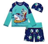 MASOCIO Traje de Baño Niño 3 Piezas Bañador Camiseta Agua Surf de Manga Larga Pantalones Cortos y Gorra Bebe Proteccion Solar UV UPF 50+ Secado Rapido Natacion Piscina Playa 2-3 Años Multicolor 2