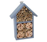 Mason Bee House - Casa de madera maciza para jardín, hábitat al aire libre con tubos de madera y perforaciones, acabado azul, hogar educativo para niños y adultos