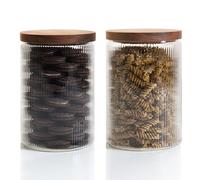 Mason & Fable Tarro de vidrio acanalado con tapa de madera de 70 onzas líquidas, juego de 2 | Contenedor de almacenamiento hermético acanalado para galletas, pasta, café, golosinas para perros