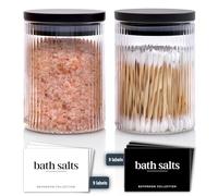 Mason & Fable Tarros de baño de vidrio acanalado con tapas de bambú negro, almohadilla de algodón, hisopo, punta Q, para sal de baño, organizador transparente de boticario, 10 fl.oz, juego de 2