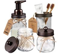 Mason Jar - Juego de 4 Accesorios de baño, dispensador de jabón espumoso, 2 Soportes Qtip y Soporte para cepillos de Dientes, decoración rústica de Granja, Organizador de baño, Tarro de boticario,