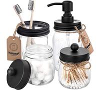 Mason Jar - Juego de 4 Accesorios de baño, dispensador de jabón y 2 tarros de boticario y Soporte para cepillos de Dientes, baño rústico de Granja, decoración del hogar, Organizador de tocador de