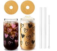 Mason Life Vasos de vidrio con tapas y popotes, regalos del día de San Valentín para mujeres, vasos de 18 onzas, vasos de café helado, vaso de batido (amor negro y rosa, 2 unidades)