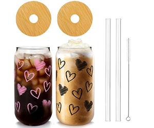 Mason Life Vasos de vidrio con tapas y popotes, regalos del día de San Valentín para mujeres, vasos de 18 onzas, vasos de café helado, vaso de batido (amor negro y rosa, 2 unidades)
