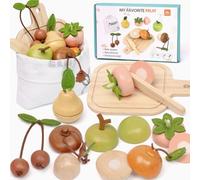 Masonbaby Madera Juguete para Cocina Cortar, Juguete Educativo con Frutas Cortables y Bolsa de Almacenamiento, Accesorios de Cocina de Madera, Juguetes Montessori Juego de rol para Niños y Niñas