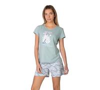 MASSANA Pijama Corto de Mujer, 100% Algodón, Manga Corta, Pantalón Corto con Cinturilla, Diseño Estampado y Femenino, Conjunto Fresco para el Verano (FR/ES, Letras, M, Regular, Regular, Verde)