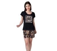 MASSANA Pijama Corto de Mujer P261231, 100% Algodón, Manga Corta, Pantalón Corto con Cinturilla, Diseño Estampado, Conjunto Fresco para el Verano (FR/ES, Letras, M, Regular, Regular, Negro)