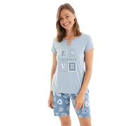 MASSANA Pijama Corto de Verano Mujer P251225, Camiseta y Pantalones Cortos, Algodón y Modal, Estampado Love, Azul Claro (FR/ES, Letras, M, Regular, Regular, Azul)