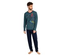 MASSANA Pijama de Hombre de Punto P741321, Camiseta Estampada de Manga Larga Verde, Pantalón con Cinturilla elástica (FR/ES, Letras, XXL, Regular, Regular, Verde)