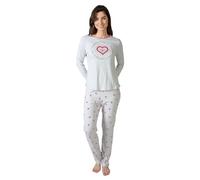 MASSANA Pijama de Invierno para Mujer P751206, Conjunto de Manga Larga con Estampado de Corazones, Gris y Rojo, 50% Algodón 50% Poliéster (FR/ES, Letras, L, Regular, Regular)