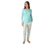 MASSANA Pijama de Mujer Invierno, Conjunto Manga Larga Turquesa, Pantalón Estampado Floral con Cinturilla, 50% Algodón 50% Modal (FR/ES, Letras, XXL, Regular, Regular)