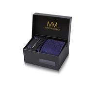 Massi Morino Corbata Azul Marino a Cuadros con Pañuelo | Set de Corbata para Hombre incl. Gemelos, Pasador y Caja de Regalo | Accesorios ideal para Bodas