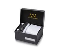 Massi Morino Corbata Blanca Cuadrado con Pañuelo | Set de Corbata para Hombre incl. Gemelos, Pasador y Caja de Regalo | Accesorios ideal para Bodas